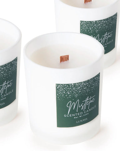 Christmas LUNASS candle mistletoe green color tag top view